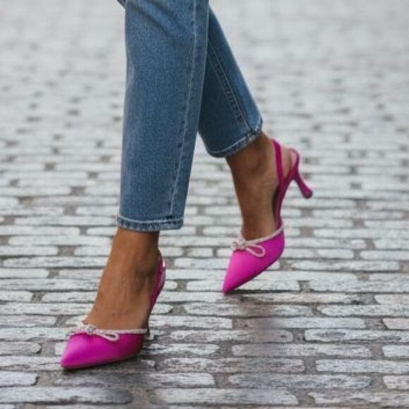 New- Aldo Pink Satin Effect Crystal Rhinestone Bow Slingback LacqueredHeels - Picture 4 of 12